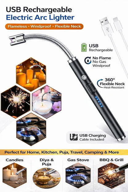 USB Rechargeable Electric Arc Lighter with Flexible Neck Steel Electronic Gas Lighter