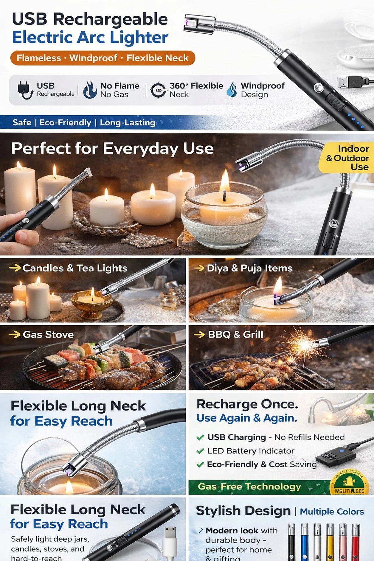 USB Rechargeable Electric Arc Lighter with Flexible Neck Steel Electronic Gas Lighter