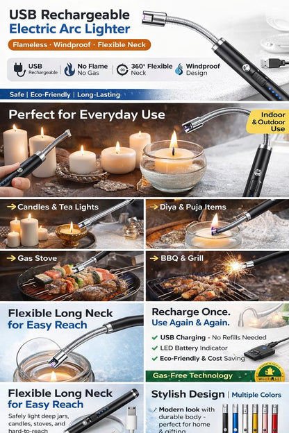 USB Rechargeable Electric Arc Lighter with Flexible Neck Steel Electronic Gas Lighter