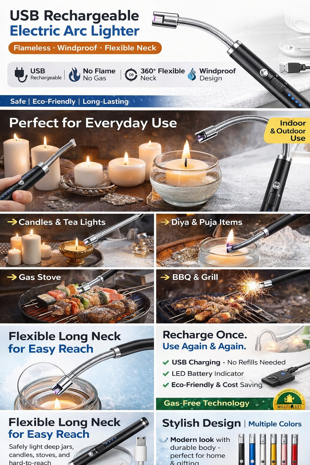 USB Rechargeable Electric Arc Lighter with Flexible Neck