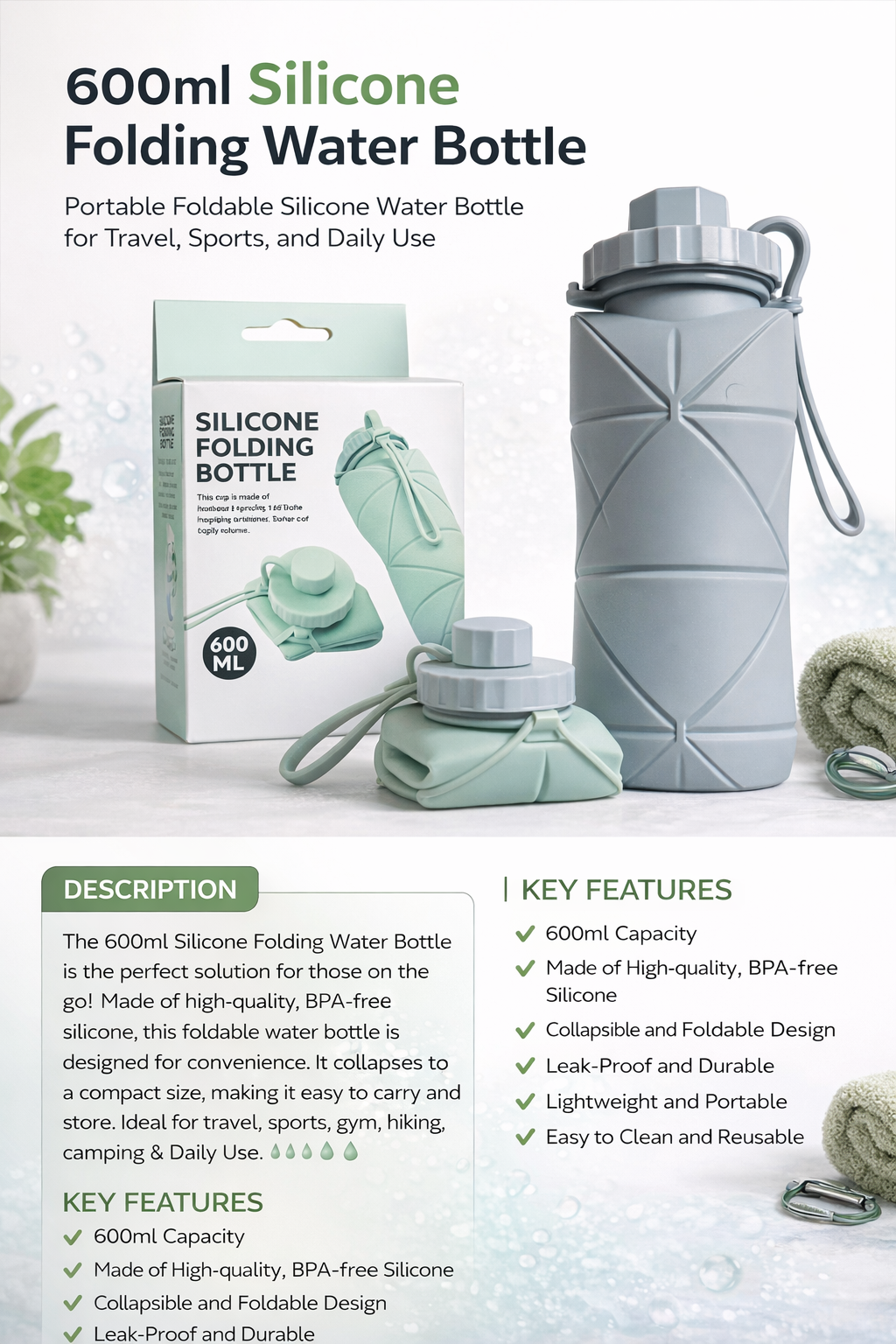 Foldable Silicone Water Bottle 600ml