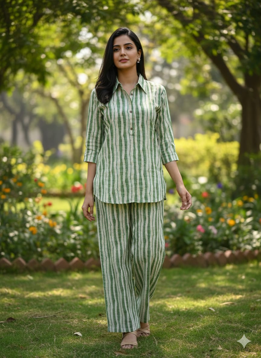 Women's Premium Cotton Printed Striped Co-Ord Set